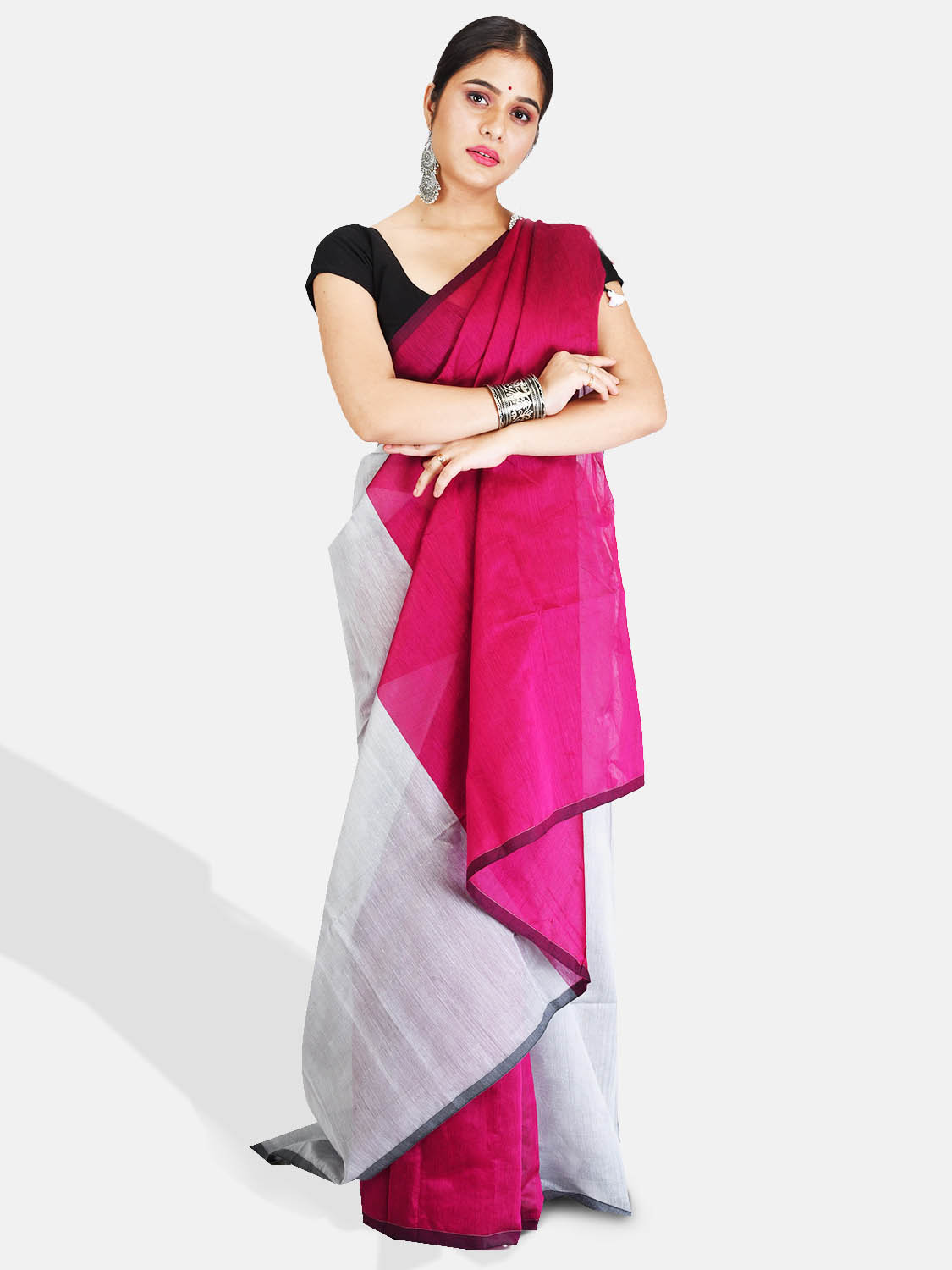 Bengal Soft Khadi Cotton Silk Ghicha Handloom Saree With Blouse Piece (Grey Deep Pink)